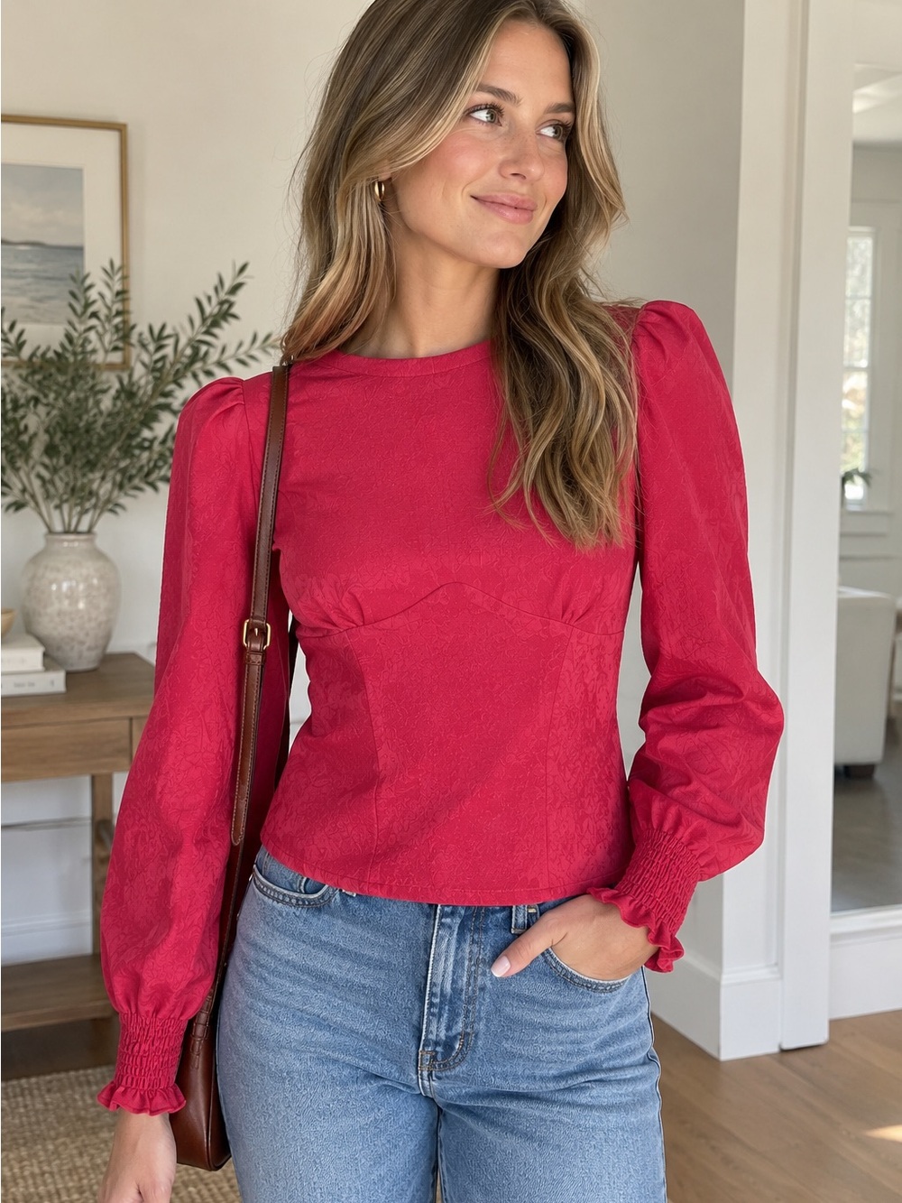 By Anthropologie Pink Structured Long-Sleeve Top Size L